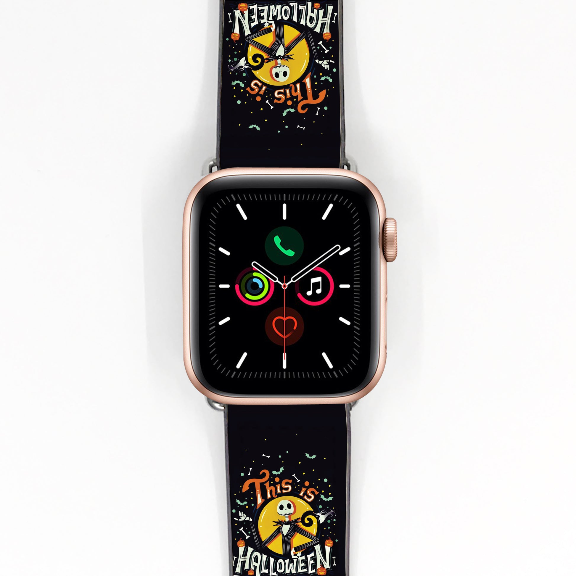 Smartwatch with a black Nightmare before Christmas Jack Halloween-themed band on a white background