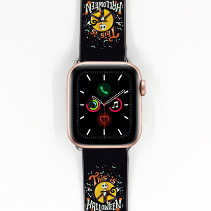 Smartwatch with a black Nightmare before Christmas Jack Halloween-themed band on a white background