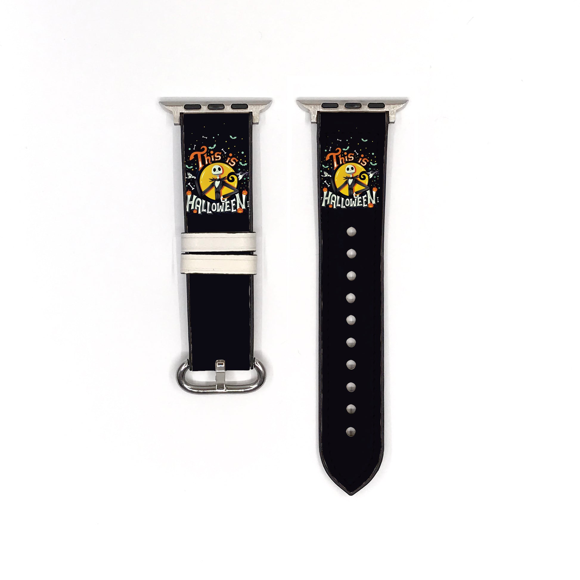 Smartwatch with a black Nightmare before Christmas Jack Halloween-themed band on a white background