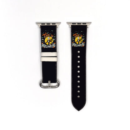 Smartwatch with a black Nightmare before Christmas Jack Halloween-themed band on a white background
