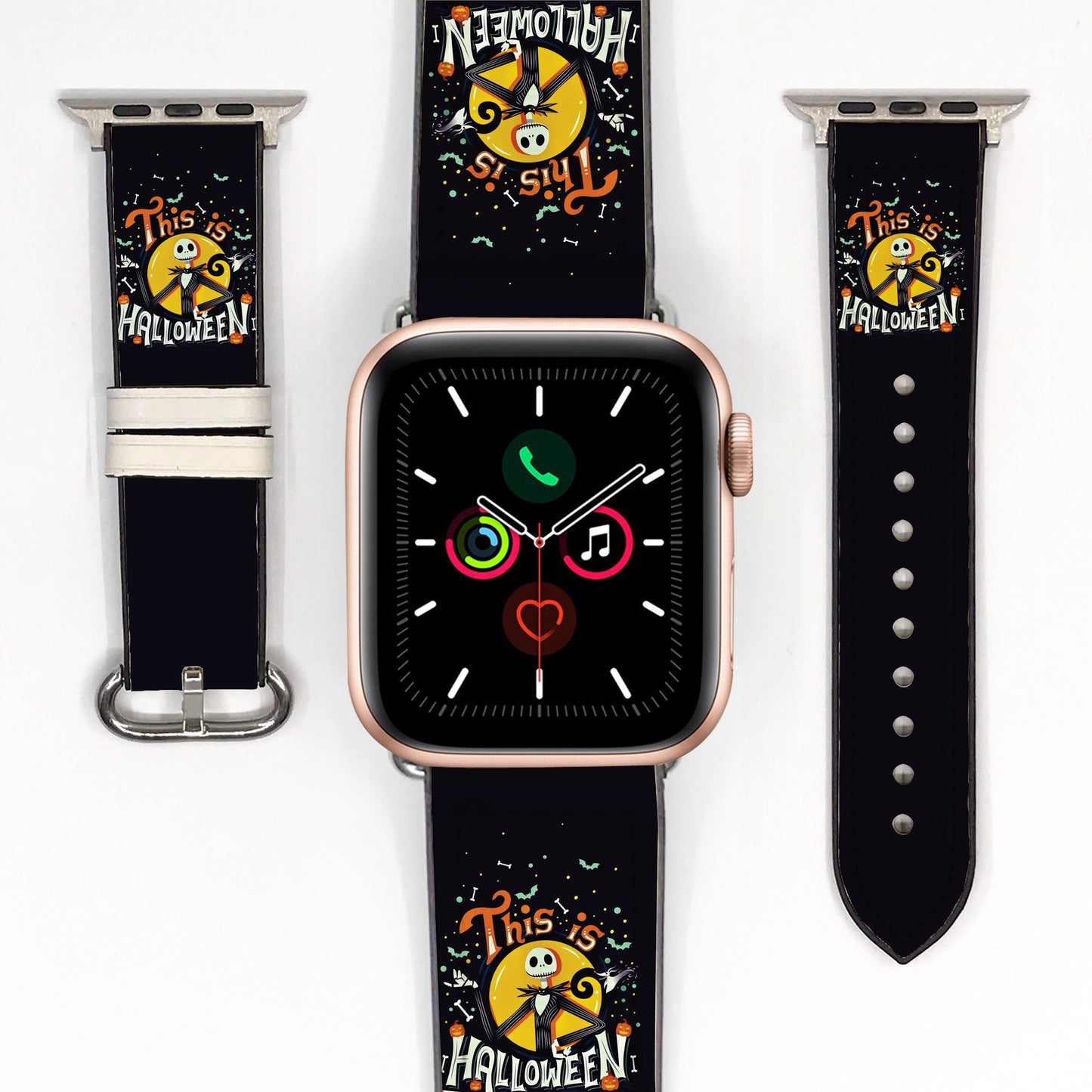 Smartwatch with a black Nightmare before Christmas Jack Halloween-themed band on a white background