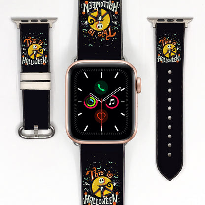 Smartwatch with a black Nightmare before Christmas Jack Halloween-themed band on a white background