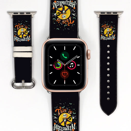 Smartwatch with a black Nightmare before Christmas Jack Halloween-themed band on a white background