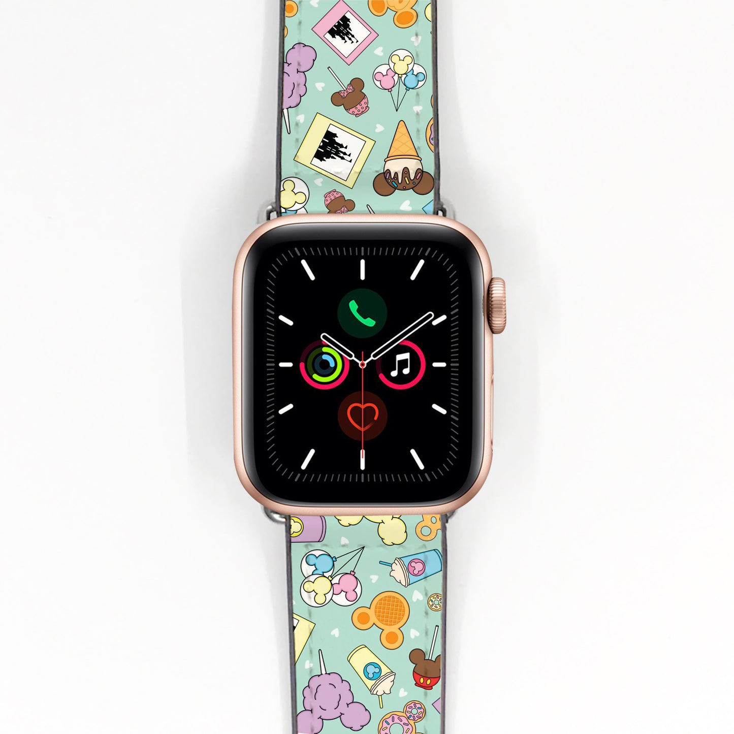 Smartwatch with a colorful disney theme park snack patterned band on a white background