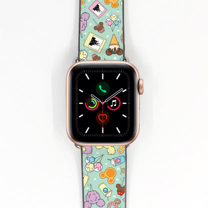 Smartwatch with a colorful disney theme park snack patterned band on a white background
