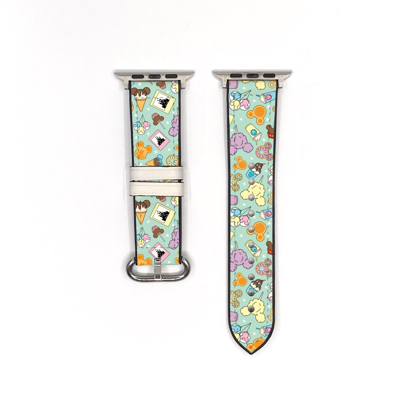 Smartwatch with a colorful disney theme park snack patterned band on a white background