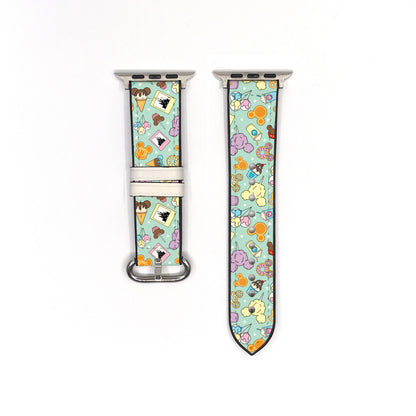 Smartwatch with a colorful disney theme park snack patterned band on a white background