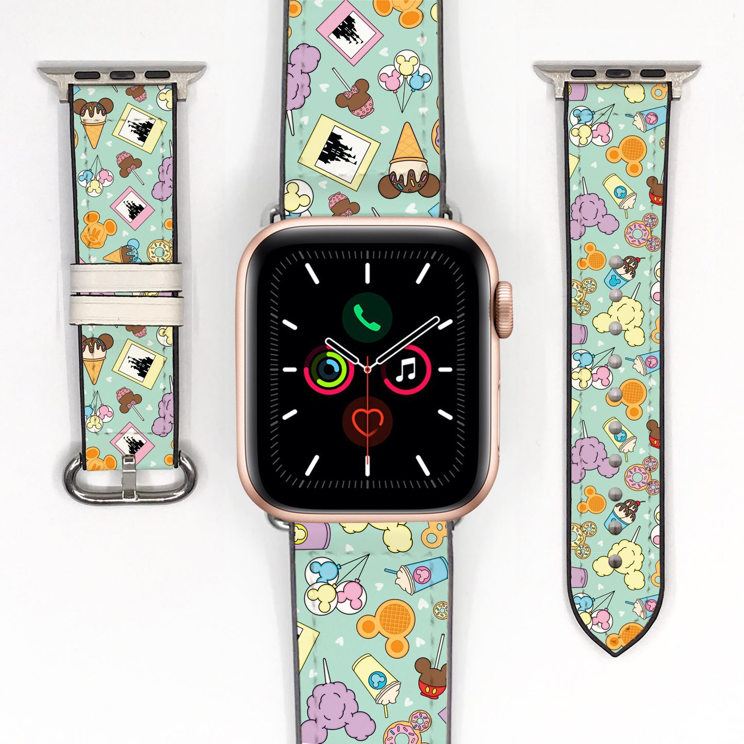 Smartwatch with a colorful disney theme park snack patterned band on a white background