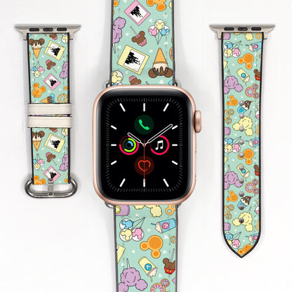 Smartwatch with a colorful disney theme park snack patterned band on a white background