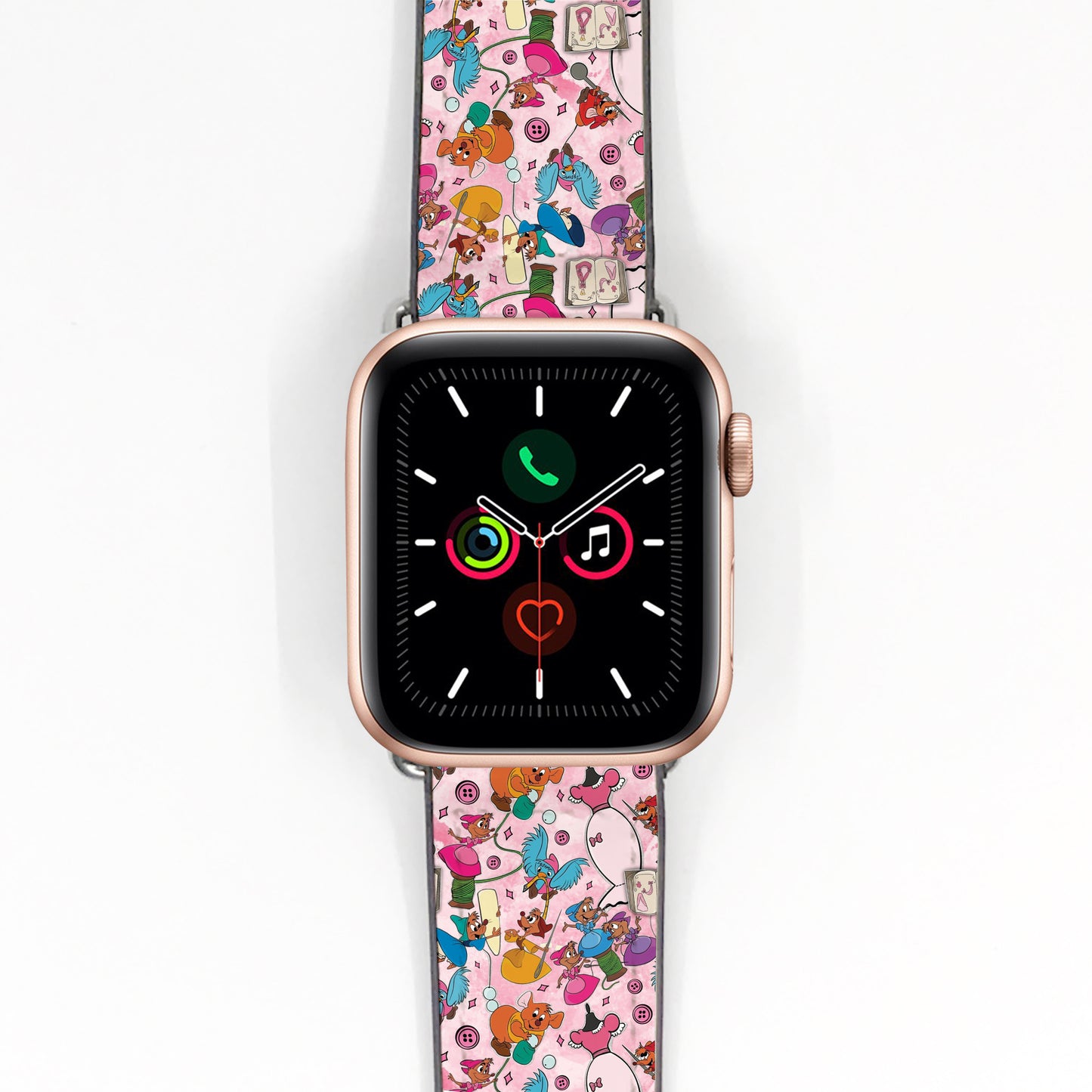 Smartwatch with a colorful cinderella mouse mates patterned band on a white background