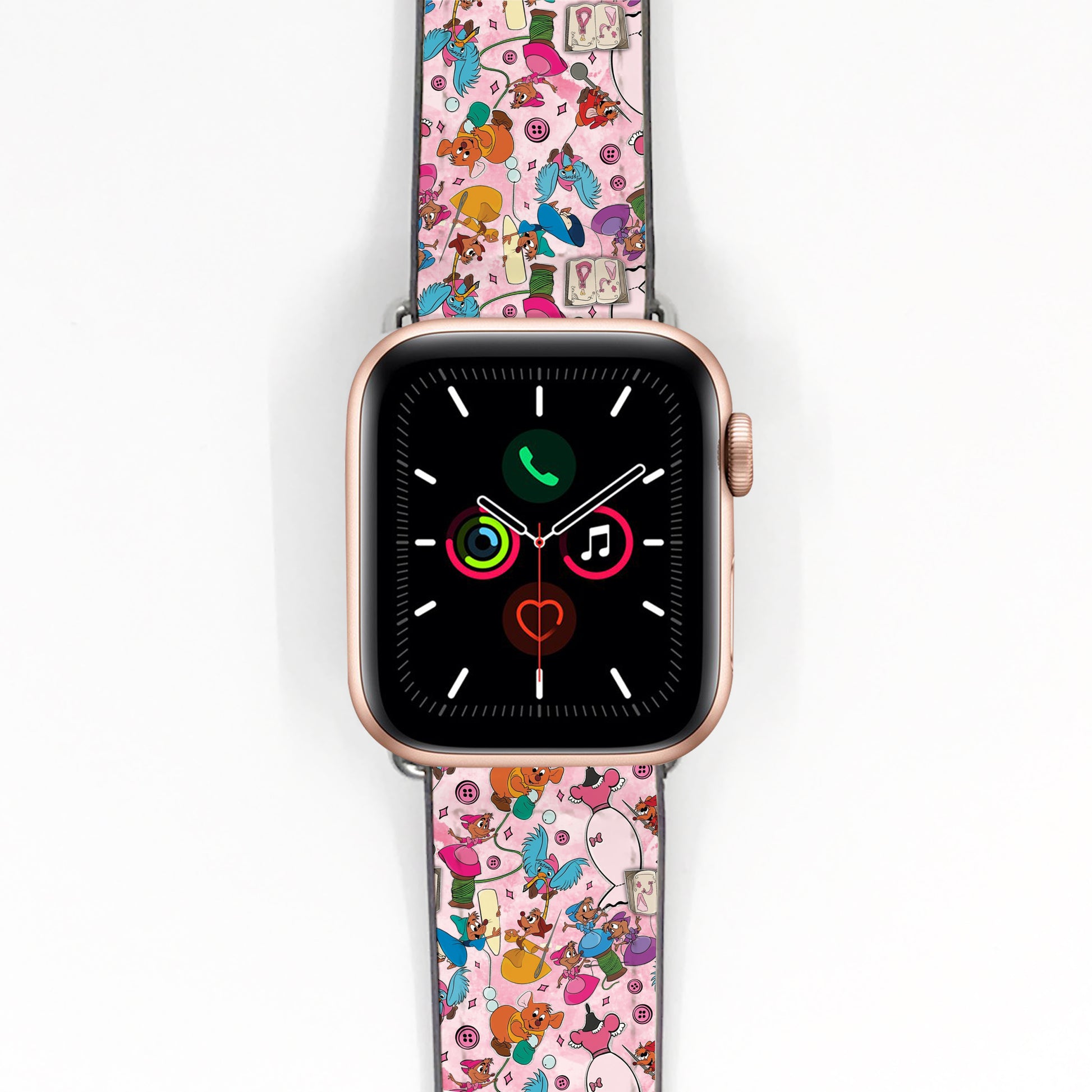 Smartwatch with a colorful cinderella mouse mates patterned band on a white background