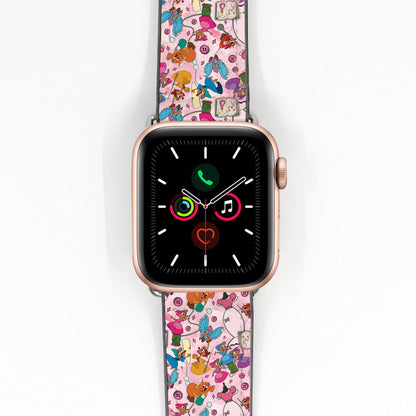 Smartwatch with a colorful cinderella mouse mates patterned band on a white background