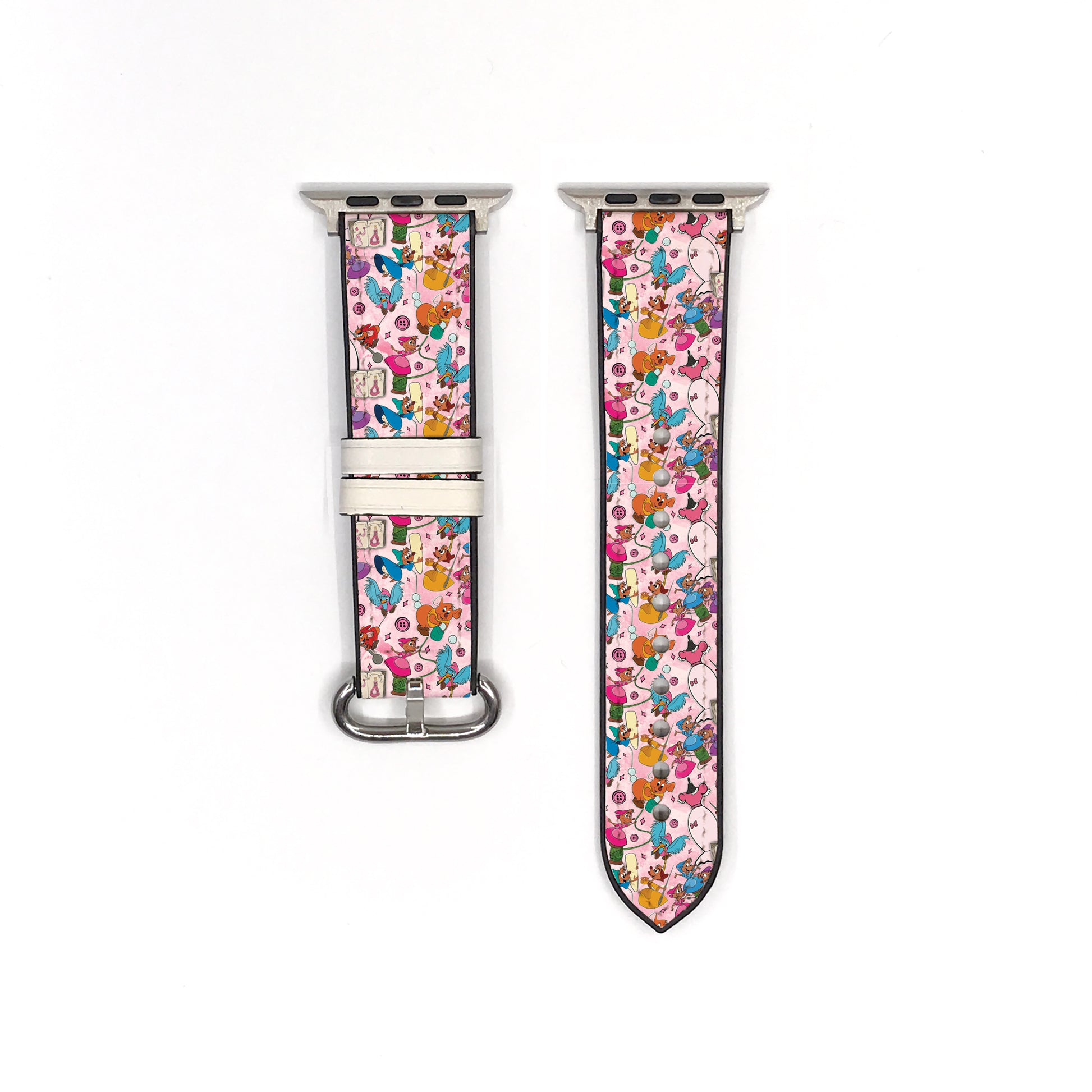 Smartwatch with a colorful cinderella mouse mates patterned band on a white background