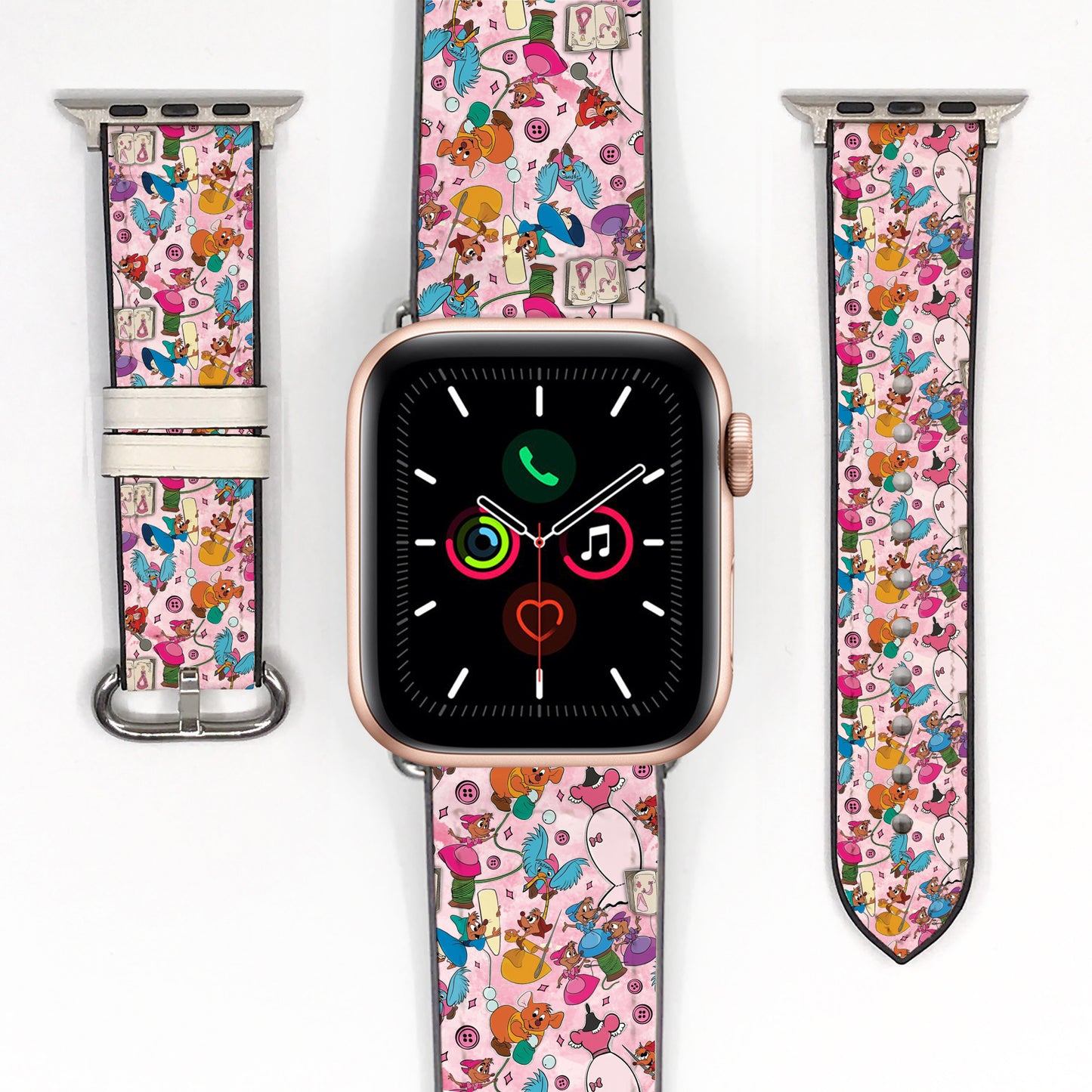 Smartwatch with a colorful cinderella mouse mates patterned band on a white background