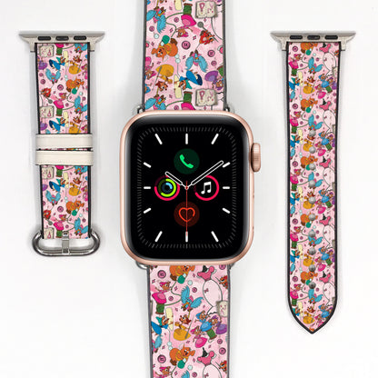 Smartwatch with a colorful cinderella mouse mates patterned band on a white background