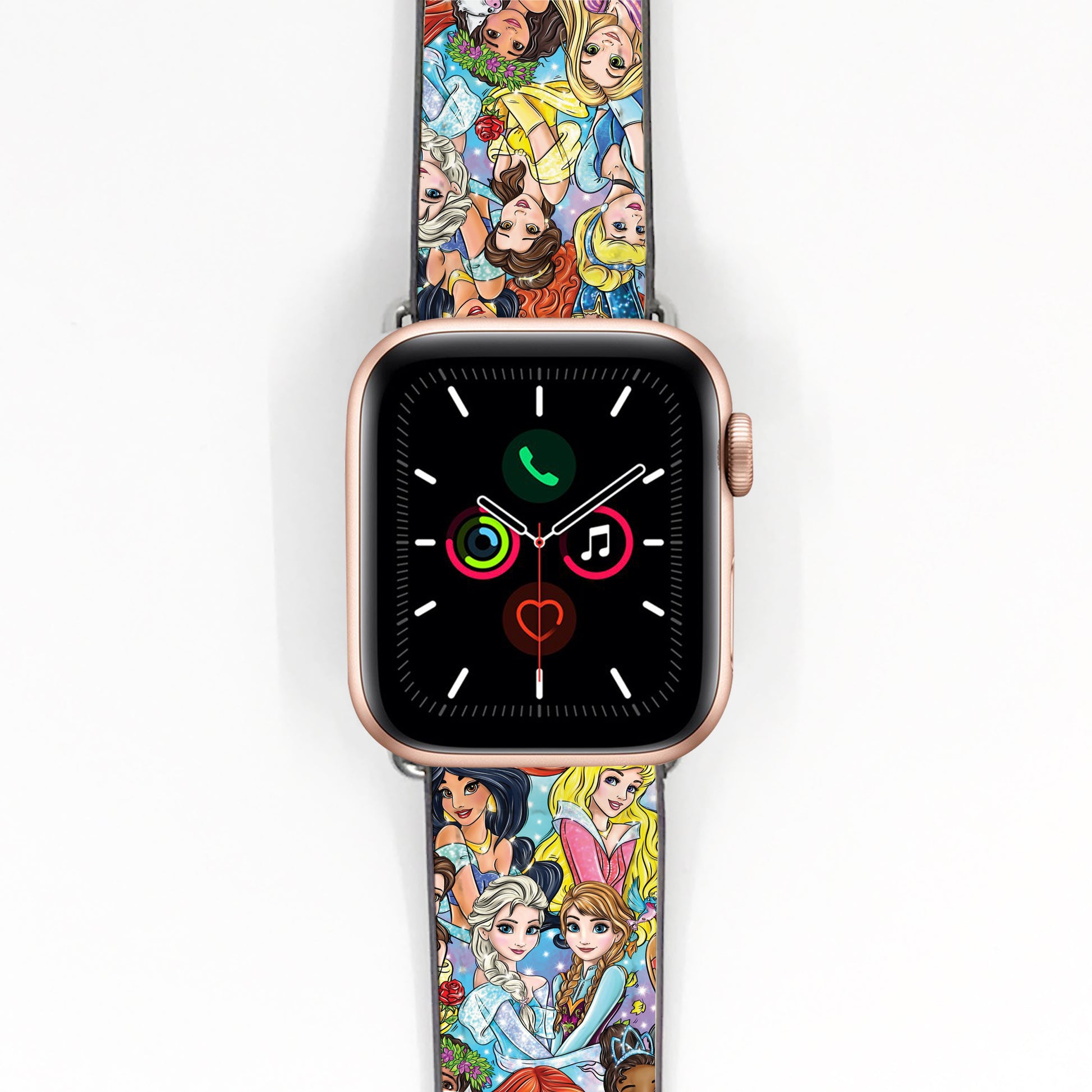 Smartwatch with a colorful Disney princess-themed band on a white background