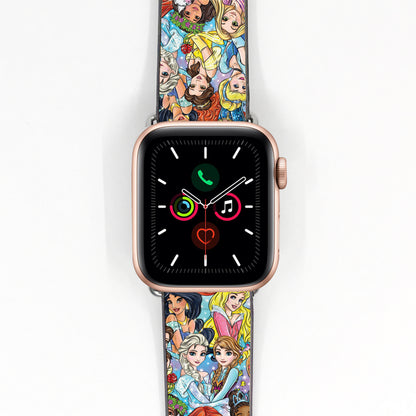 Smartwatch with a colorful Disney princess-themed band on a white background