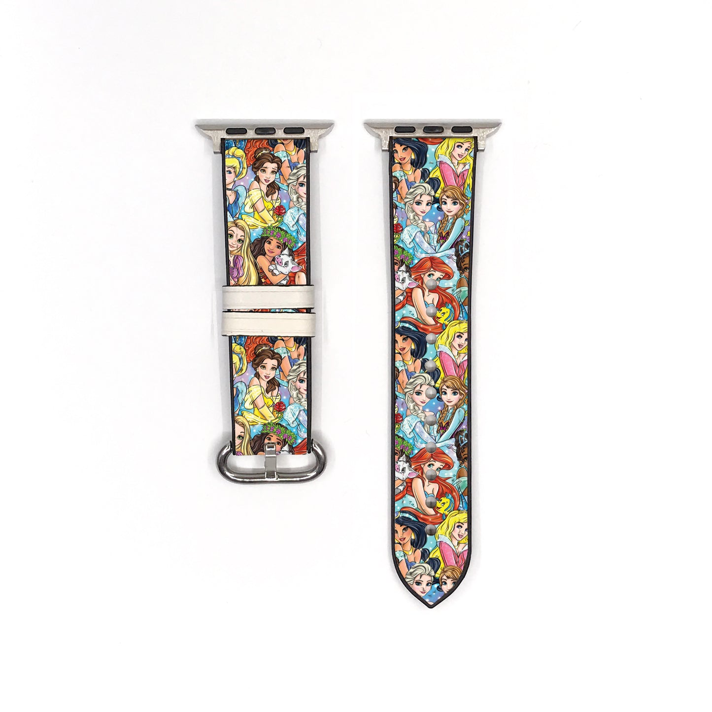 Smartwatch with a colorful Disney princess-themed band on a white background