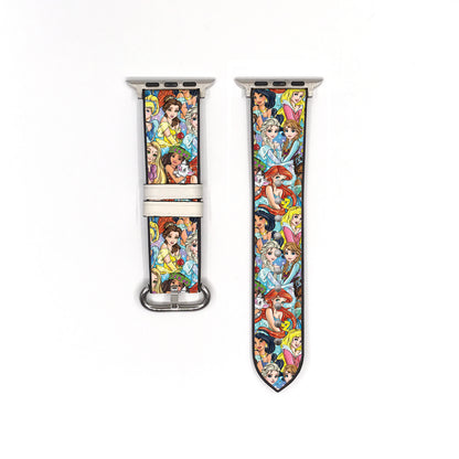 Smartwatch with a colorful Disney princess-themed band on a white background