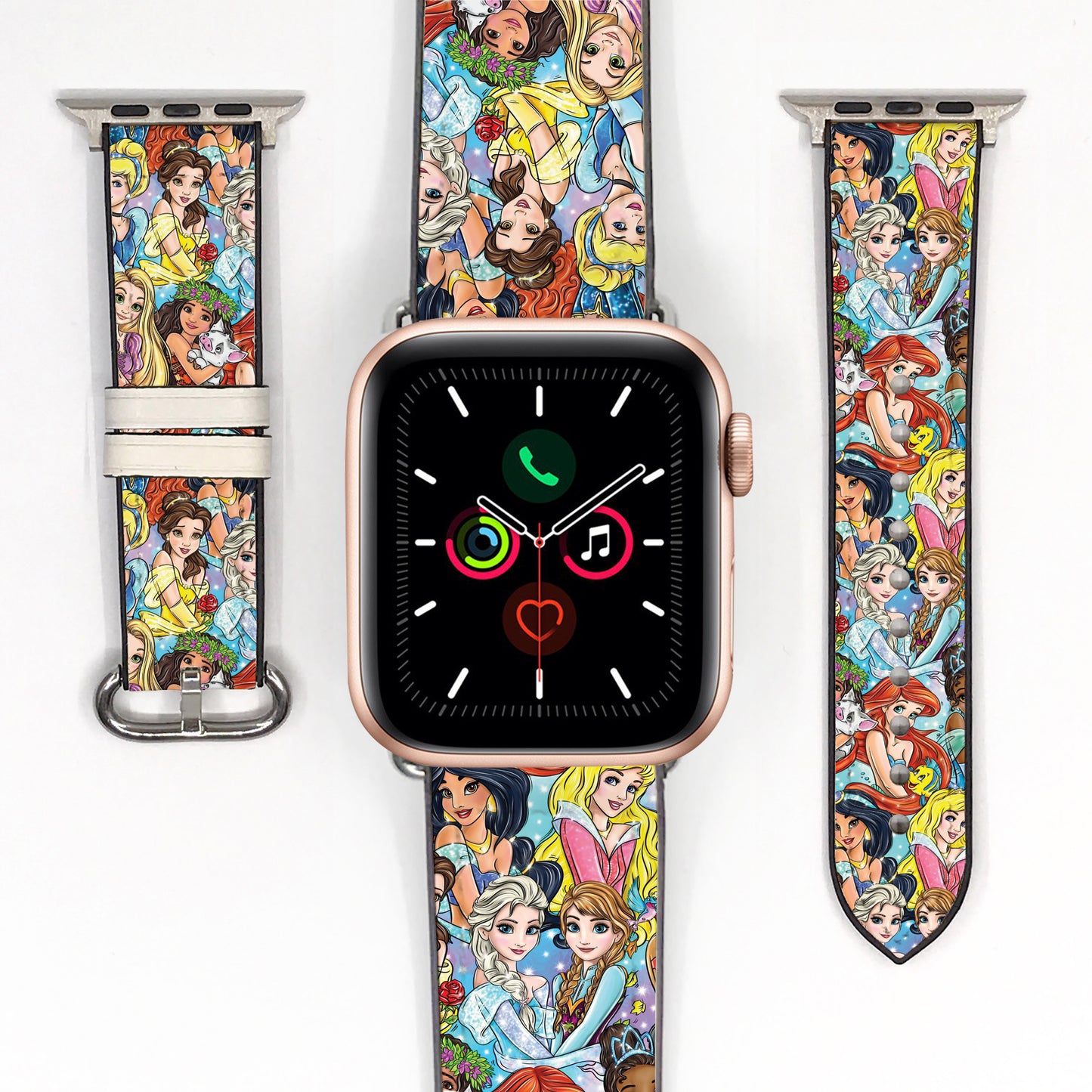 Smartwatch with a colorful Disney princess-themed band on a white background