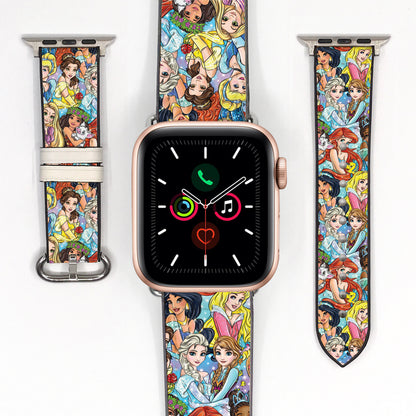 Smartwatch with a colorful Disney princess-themed band on a white background