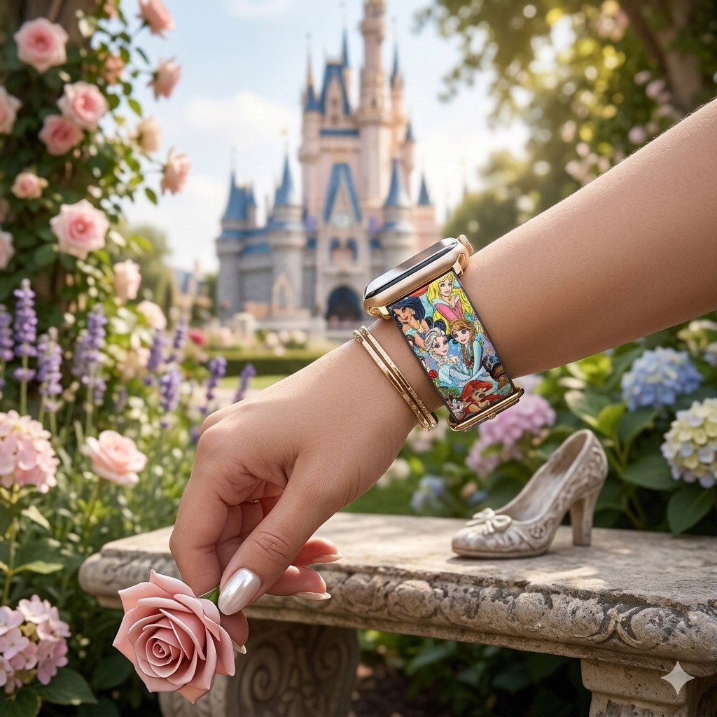 Person wearing a Disney-themed smartwatch with Cinderella's castle in the background