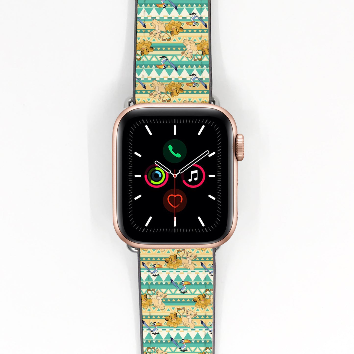 Smartwatch with a colorful lion king patterned band on a white background