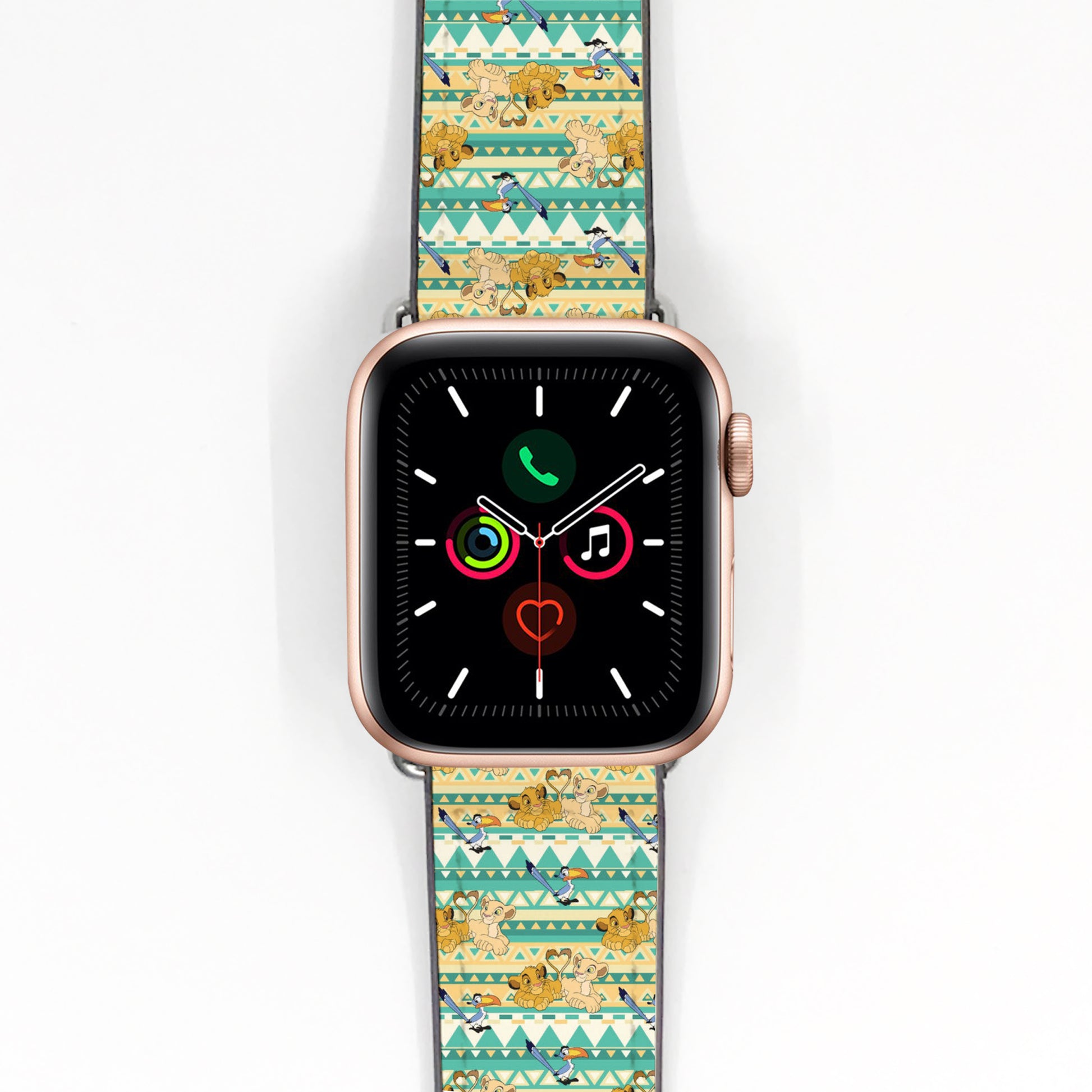 Smartwatch with a colorful lion king patterned band on a white background