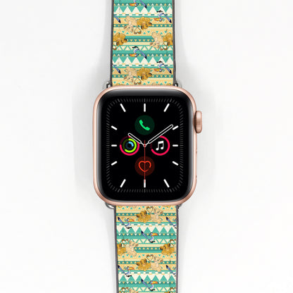 Smartwatch with a colorful lion king patterned band on a white background