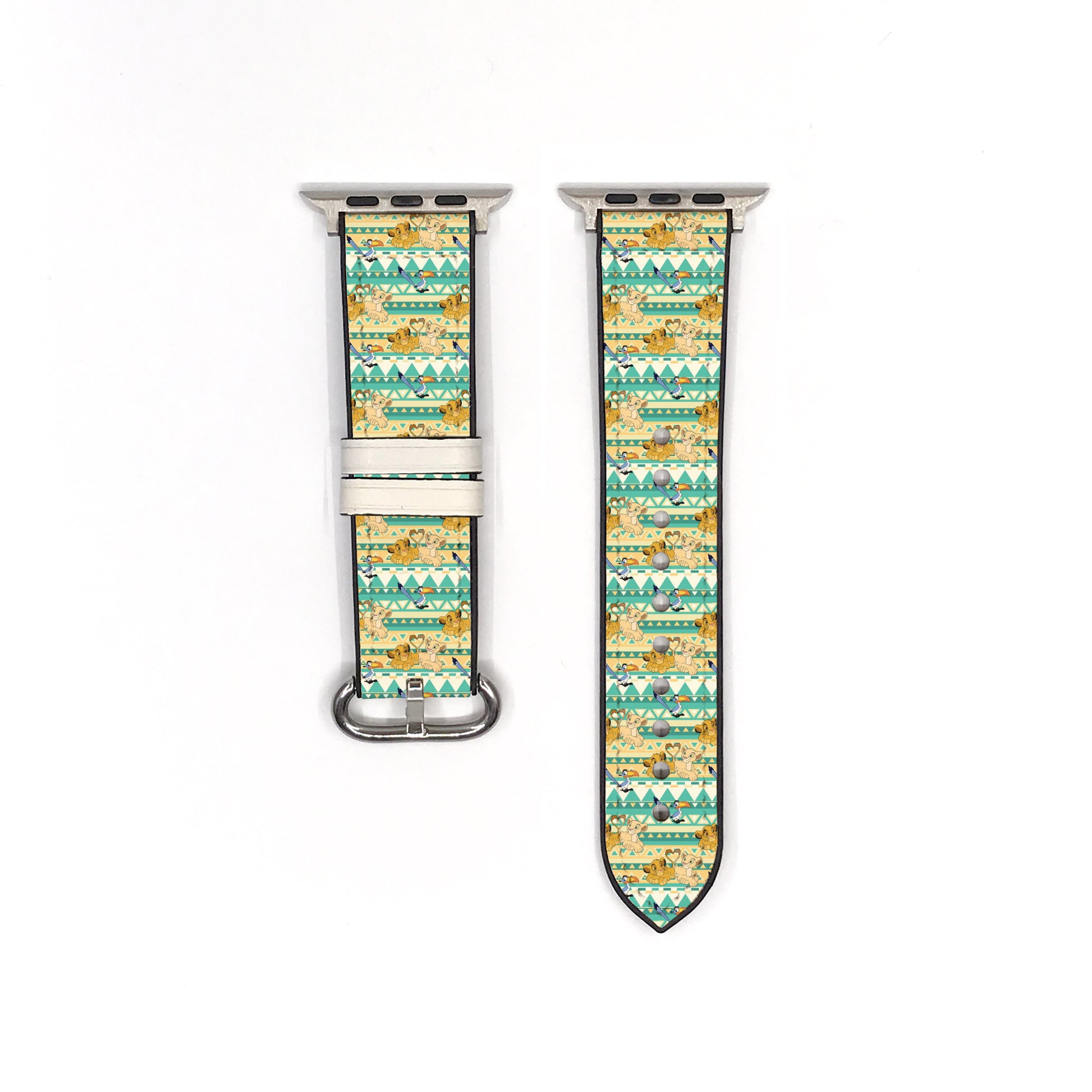 Smartwatch with a colorful lion king patterned band on a white background