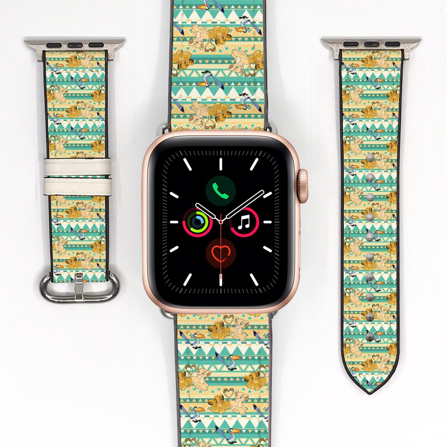 Smartwatch with a colorful lion king patterned band on a white background