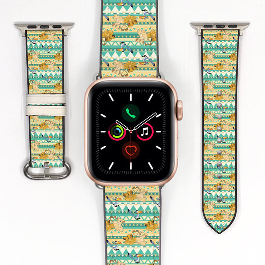 Smartwatch with a colorful lion king patterned band on a white background