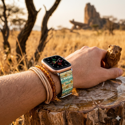 Hand wearing a smartwatch with a scenic background of trees and a wooden stump.