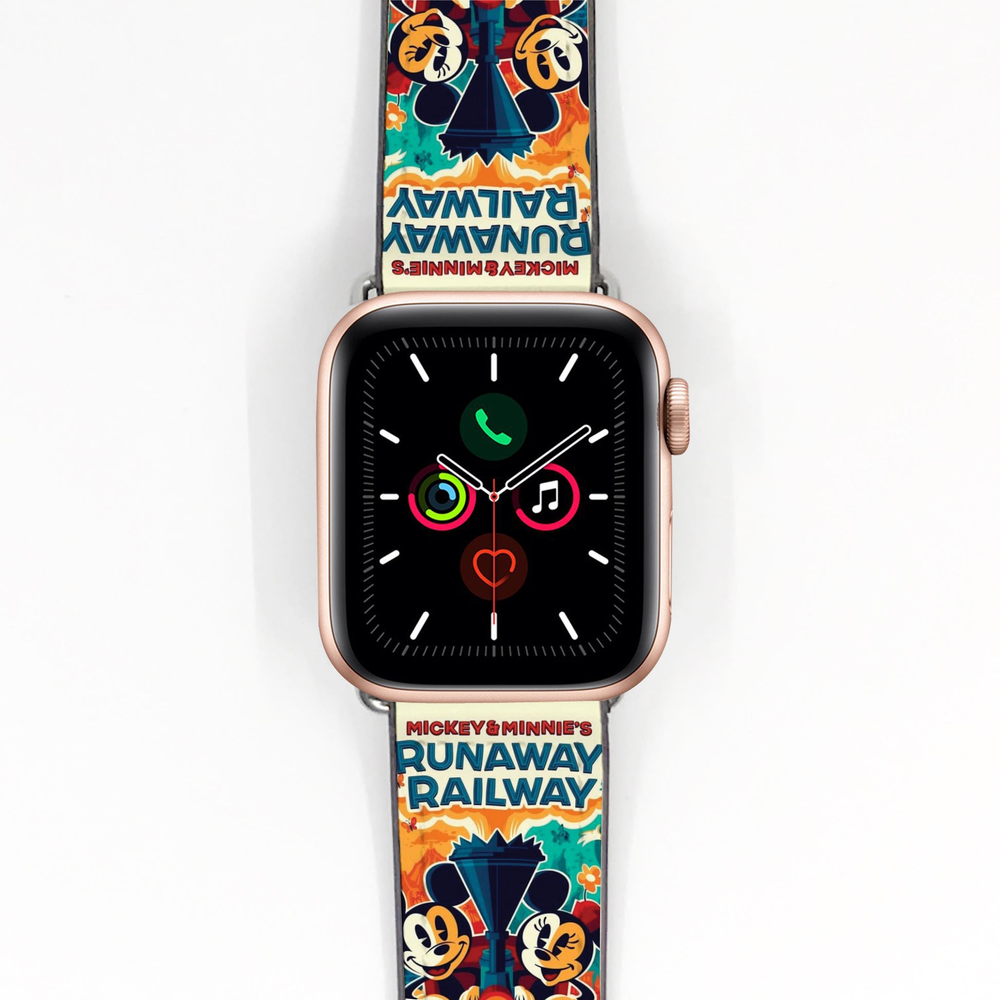 Smartwatch with a colorful 'Mickey & Minnie's Runaway Railway' band on a white background