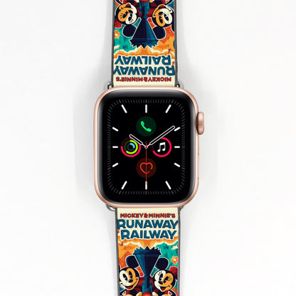 Smartwatch with a colorful 'Mickey & Minnie's Runaway Railway' band on a white background