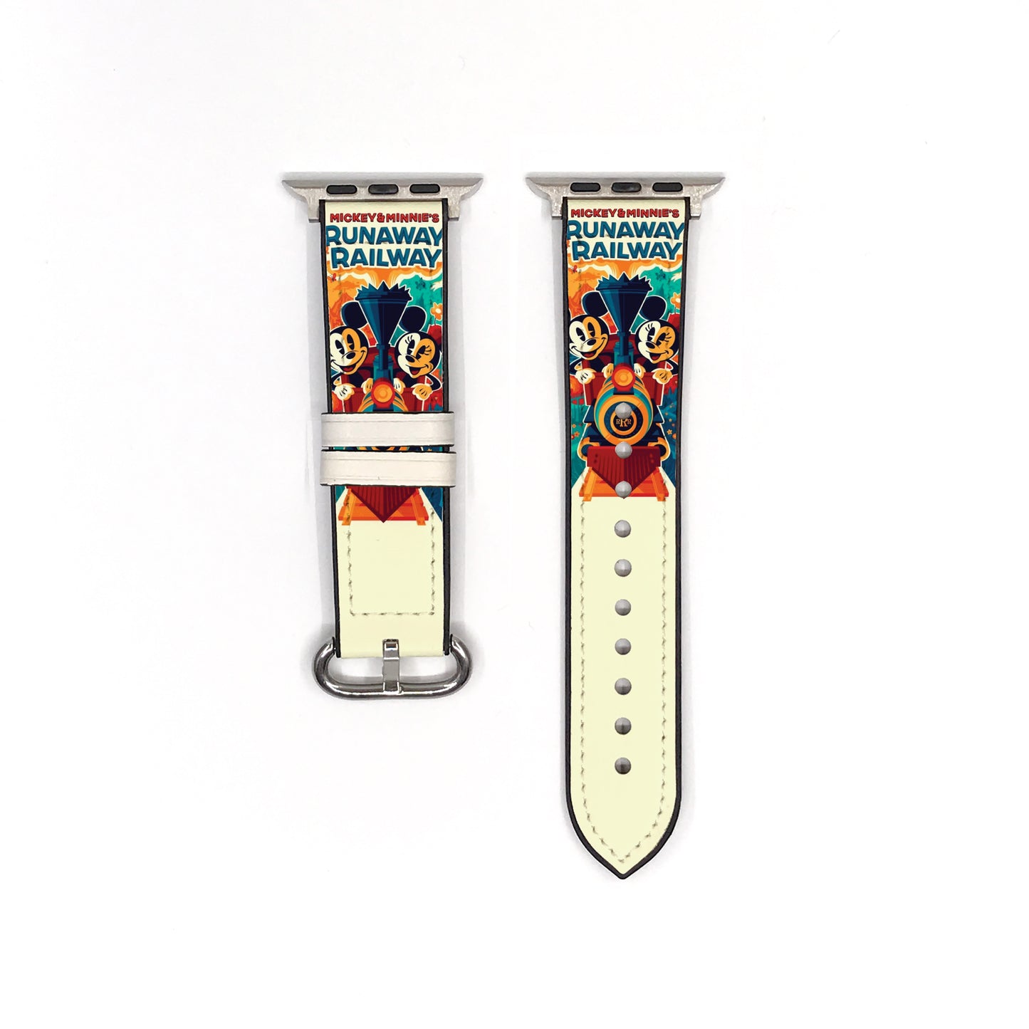 Smartwatch with a colorful 'Mickey & Minnie's Runaway Railway' band on a white background