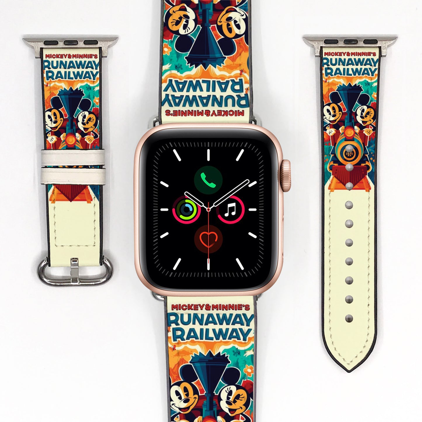 Smartwatch with a colorful 'Mickey & Minnie's Runaway Railway' band on a white background