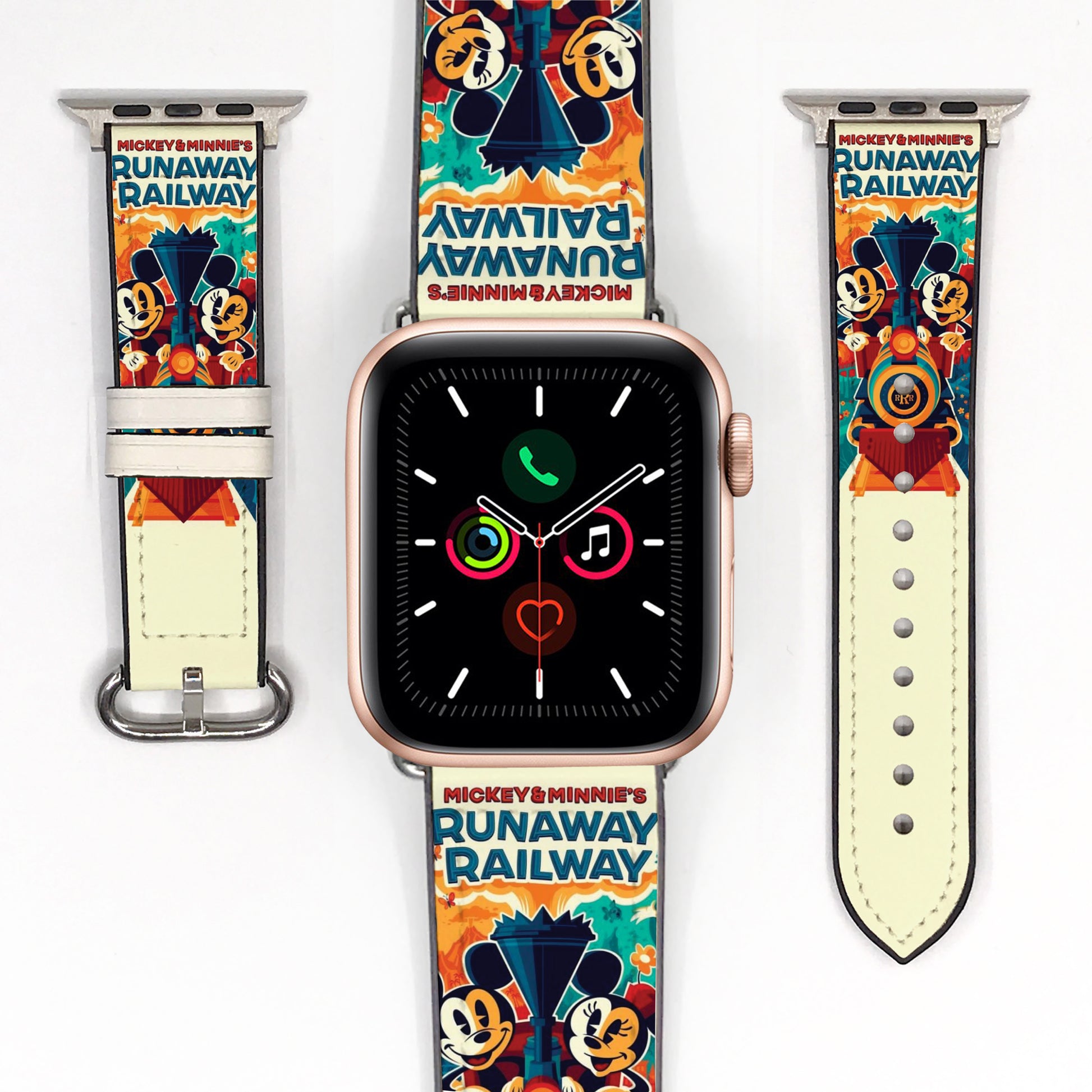 Smartwatch with a colorful 'Mickey & Minnie's Runaway Railway' band on a white background