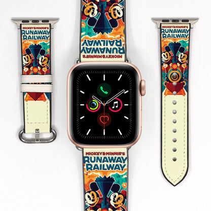 Smartwatch with a colorful 'Mickey & Minnie's Runaway Railway' band on a white background