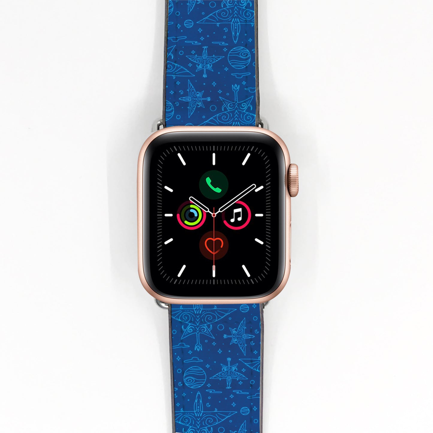 Smartwatch with a blue star wars aircraft patterned strap on a white background