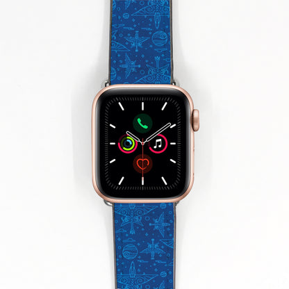 Smartwatch with a blue star wars aircraft patterned strap on a white background