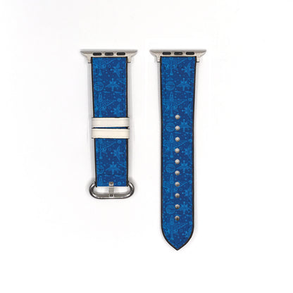 Smartwatch with a blue star wars aircraft patterned strap on a white background