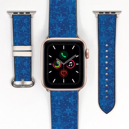 Smartwatch with a blue star wars aircraft patterned strap on a white background