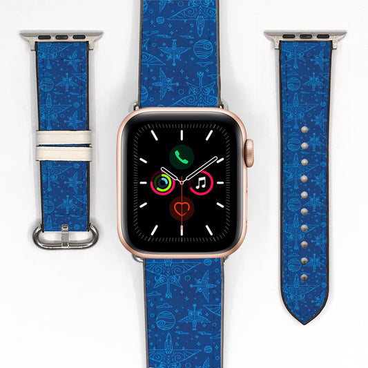 Smartwatch with a blue star wars aircraft patterned strap on a white background