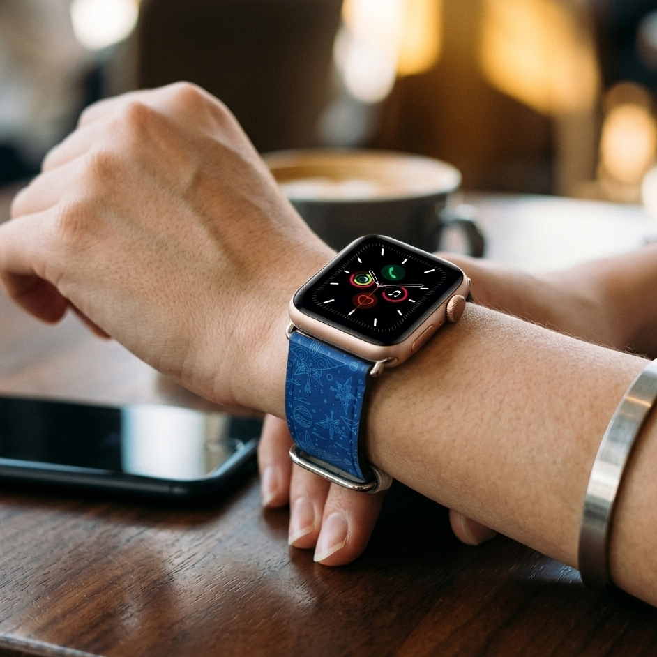 Person wearing a smartwatch with a blue strap on a blurred background