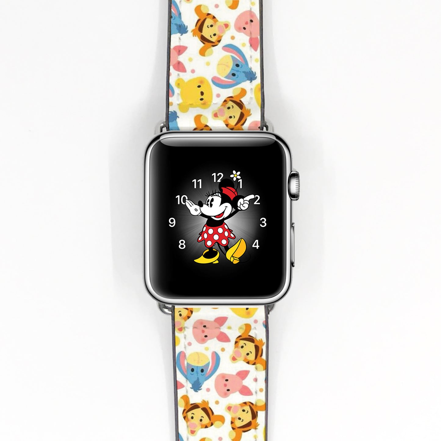 Smartwatch with a colorful winnie the pooh cartoon-themed band on a white background