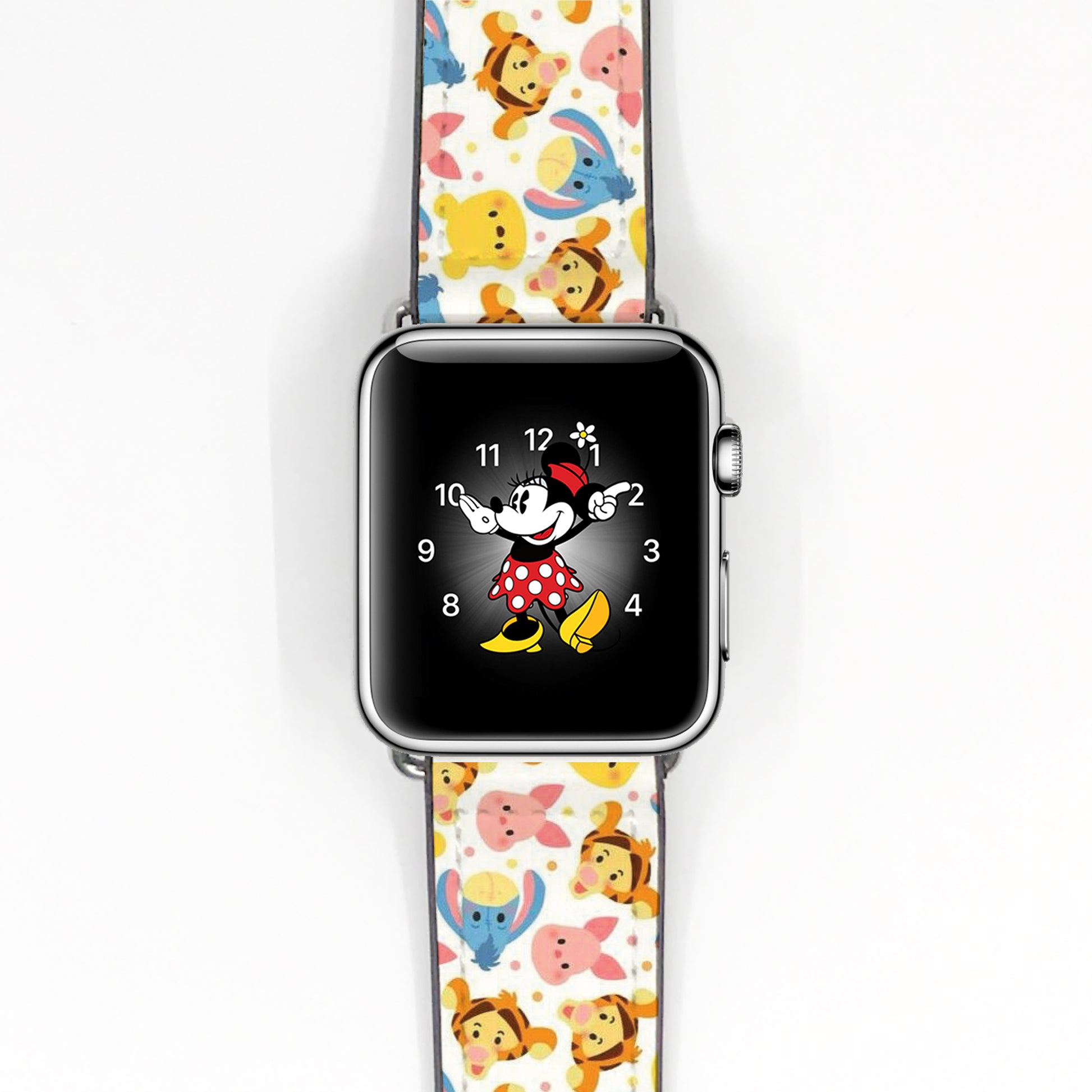 Smartwatch with a colorful winnie the pooh cartoon-themed band on a white background