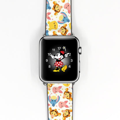 Smartwatch with a colorful winnie the pooh cartoon-themed band on a white background
