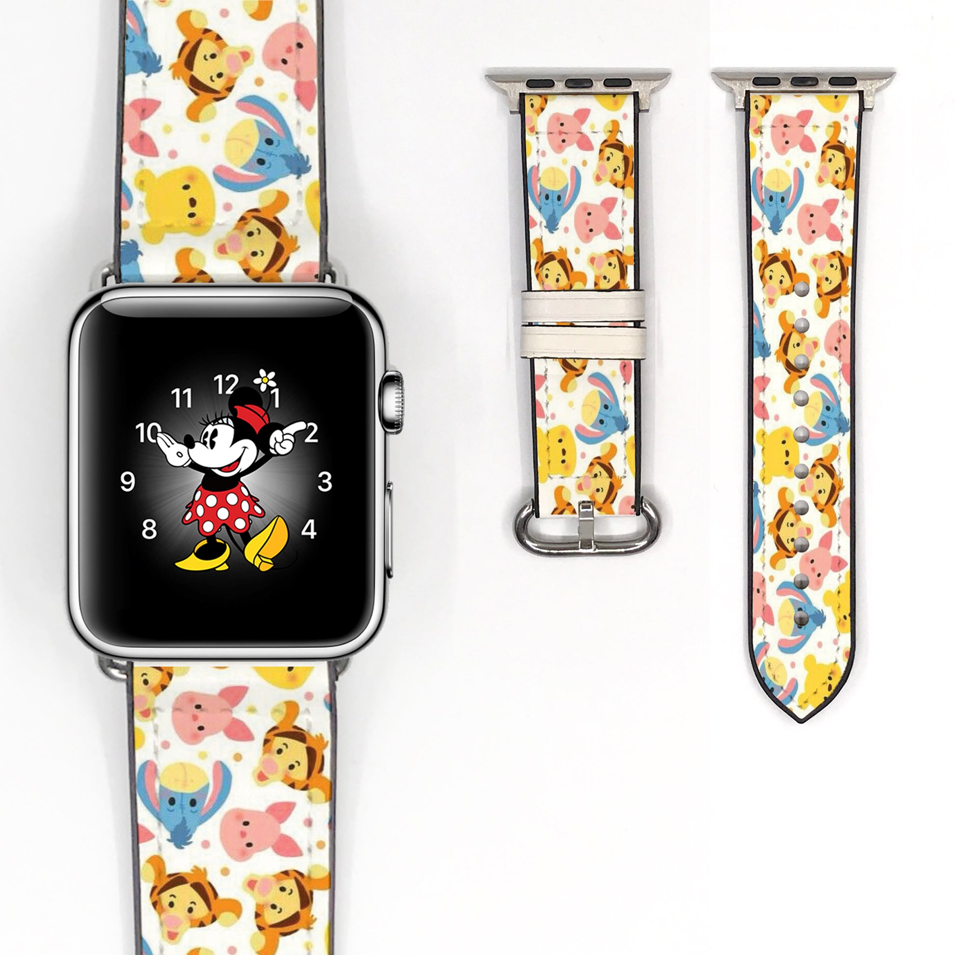 Smartwatch with a colorful winnie the pooh cartoon-themed band on a white background