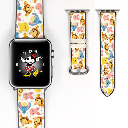 Smartwatch with a colorful winnie the pooh cartoon-themed band on a white background